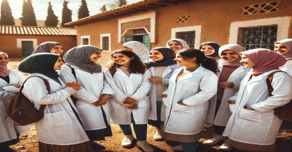"مجموعة من الطلاب المغاربة في مدرسة إعدادية، يرتدون معاطف بيضاء ويتفاعلون بسعادة في ساحة المدرسة. المشهد يشمل فتيان وفتيات، بعضهن يرتدين الحجاب والبعض الآخر بدون، في بيئة تعليمية تفاعلية ومفتوحة."