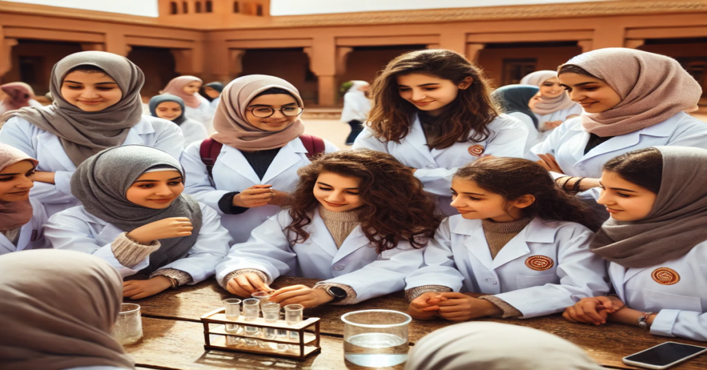 "مجموعة من الطالبات المغربيات يرتدين معاطف بيضاء أثناء تجربة علمية في ساحة مدرسة تقليدية. بعضهن يرتدين الحجاب، بينما الأخريات بدون، مما يعكس التنوع في المدارس المغربية. البيئة التعليمية تفاعلية ومشجعة على التعلم."