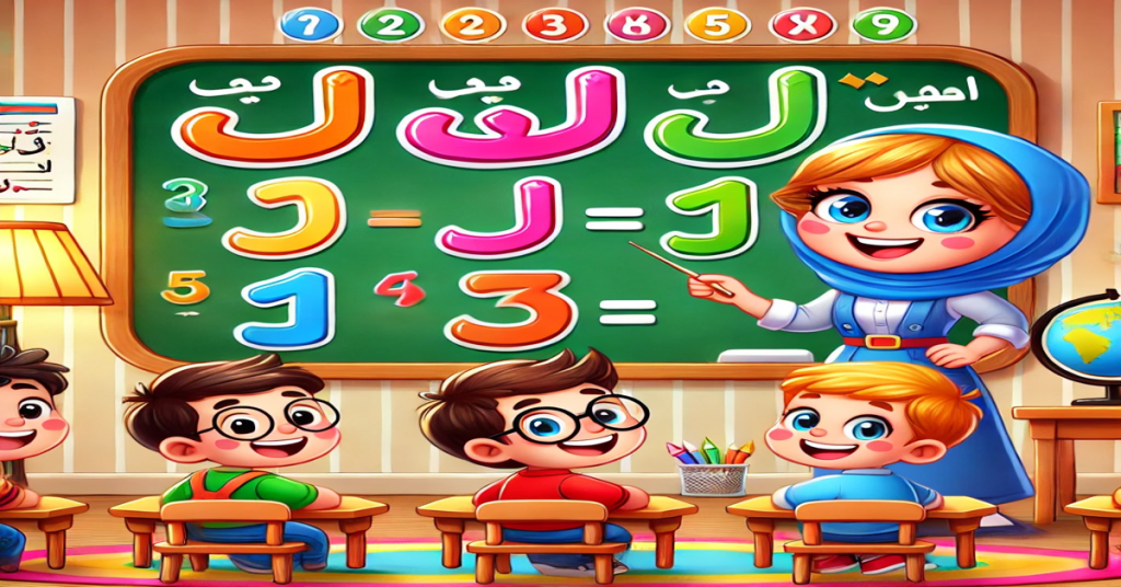 "حروف عربية ملونة (أ، ب، ت) وأرقام (١، ٢، ٣) مع معلم كرتوني يشرح على السبورة في فصل دراسي مغربي، يعكس بيئة التعليم الابتدائي في المغرب. طلاب سعداء يجلسون على مقاعدهم ويتعلمون، محاطين بالكتب واللوازم الدراسية."