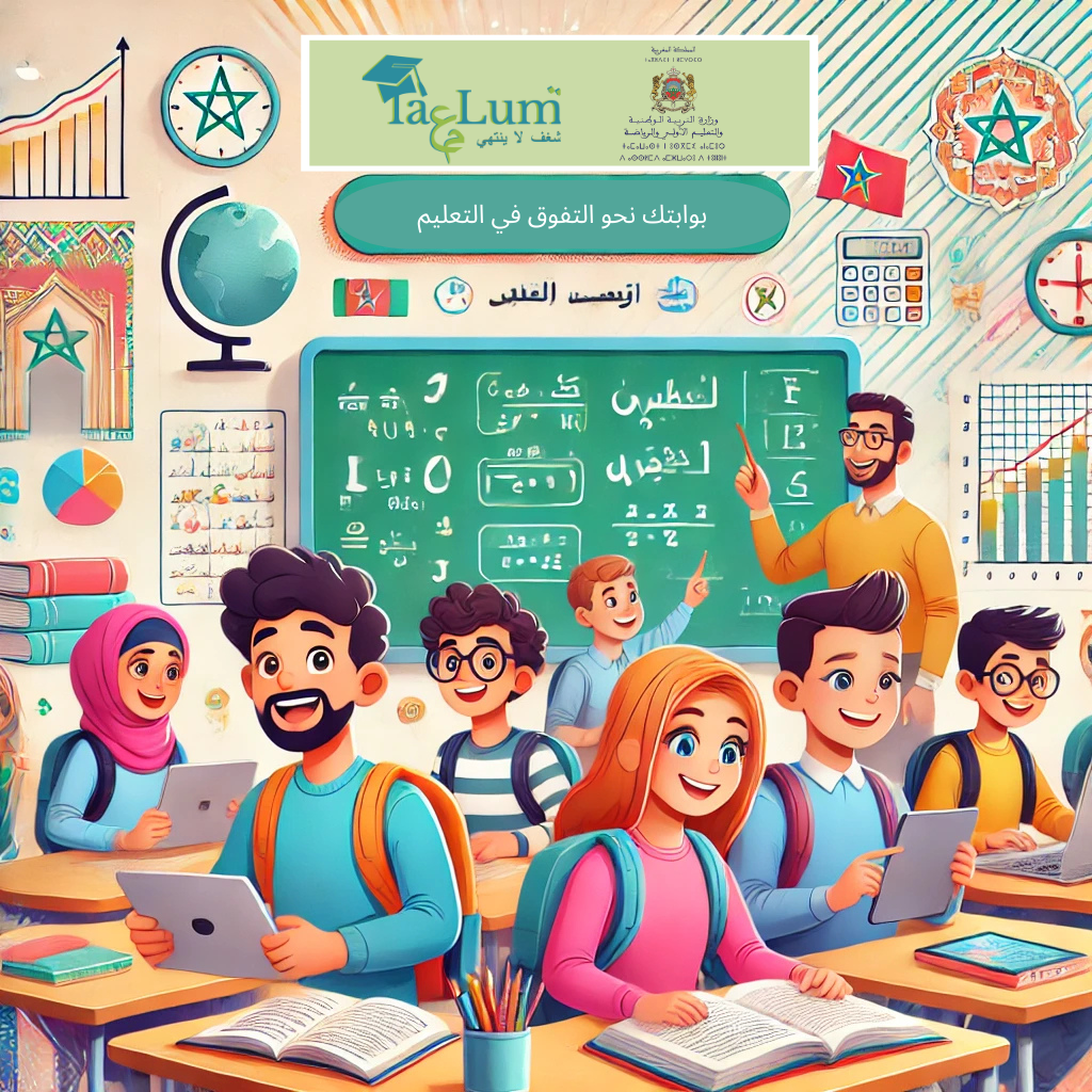 "طلاب مغاربة يدرسون في فصل دراسي حديث مع كتب وأجهزة لوحية، مع شعار مرحبًا بكم في تعلم – منصة تعليمية لكل الطلاب المغاربة."
